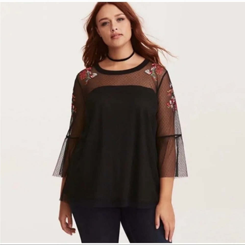 Lane Bryant Mesh Embroidered Black Blouse Sz 26/28